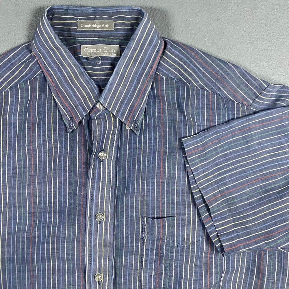 Career‎ Club Button Up Shirt Men Large Blue Vintage Striped Made USA